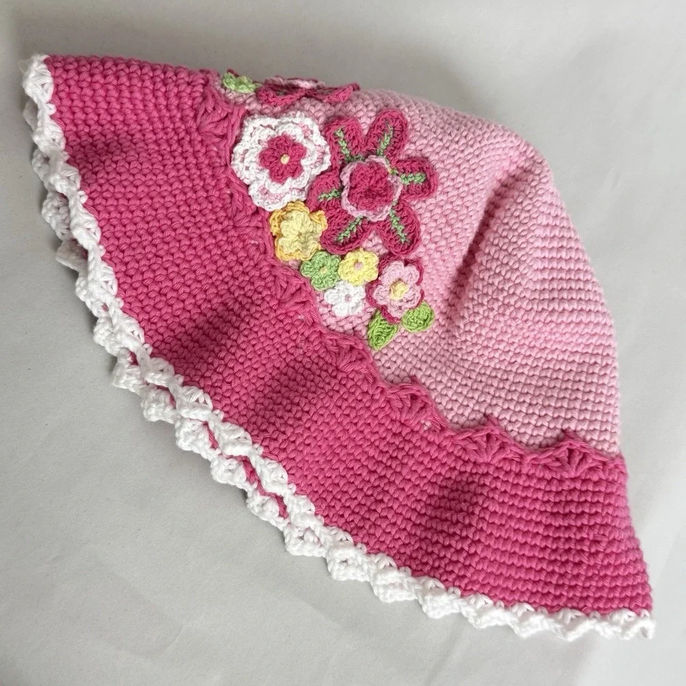 Hand & Heart Hand Crocheted Hat Pink Floral Spring Easter Toddler Girl‎
